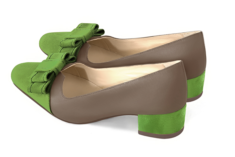 Grass green and taupe brown women's dress pumps, with a knot on the front. Round toe. Low block heels. Rear view - Florence KOOIJMAN